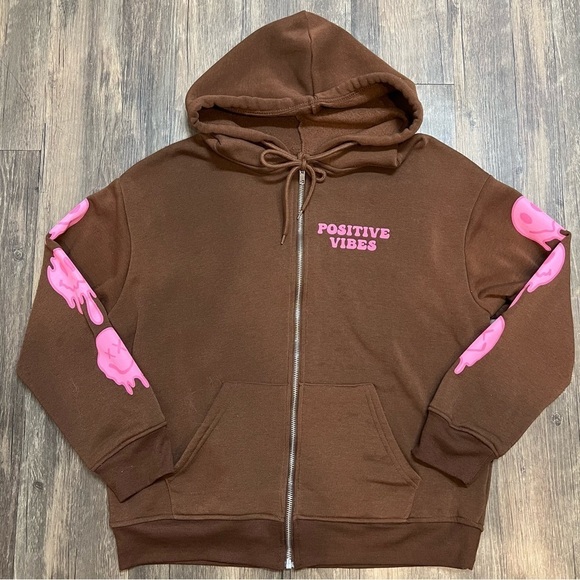 Faded Rose Essentials Positive Vibes Smiley Face Brown Pink Sweatshirt Hoodie S - Picture 5 of 13